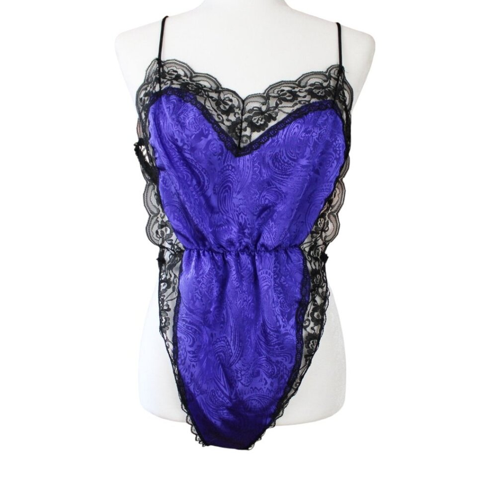 Kasara Sheer Lace Black Purple Teddy Medium Vintage Romper Retro 70s Sexy T8